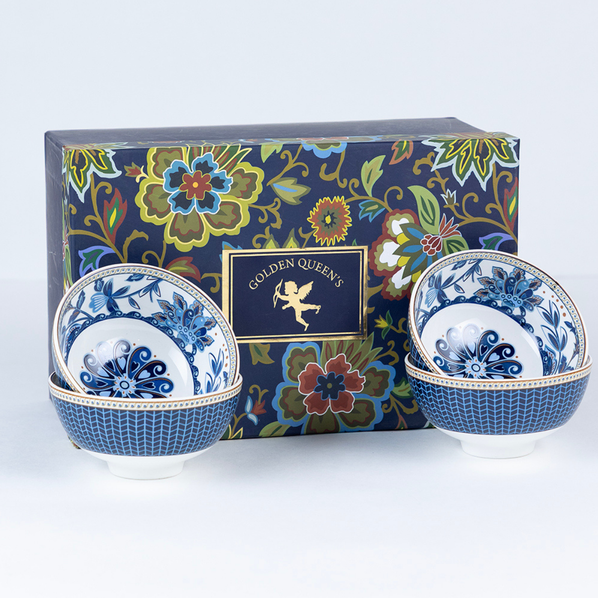 Blue Blossom Porcelain Bowls for Snacks - Set of 4 Pieces, 5 inch Wide