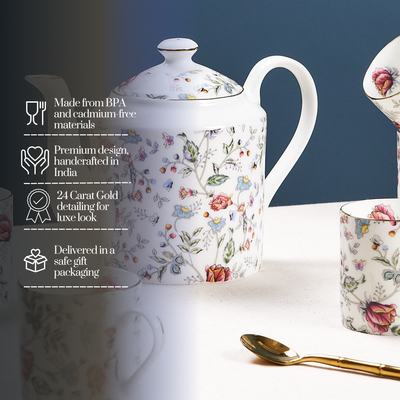 Pink Shrub Tea Cups & Kettle - 6 Cups & 1 Kettle