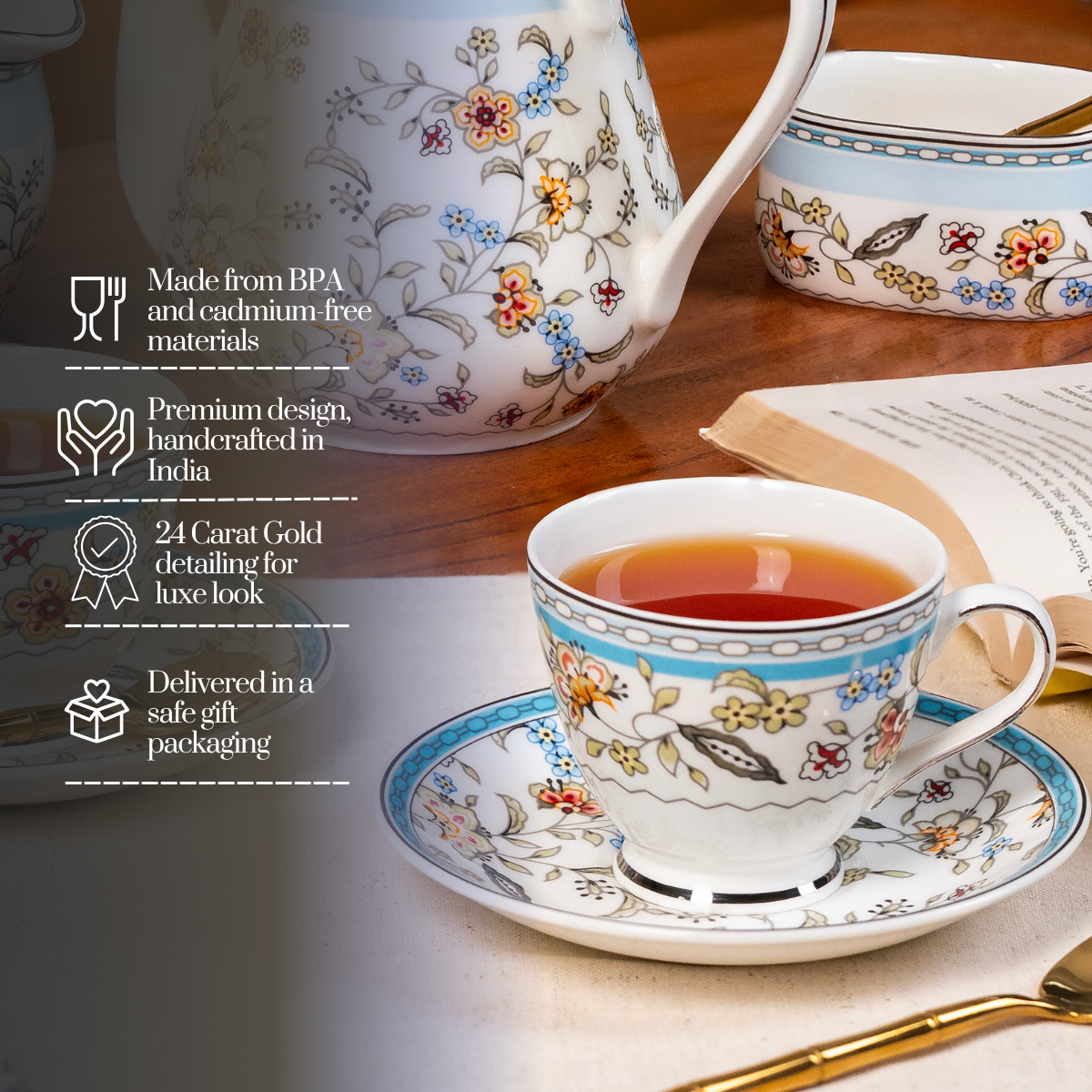 Blue Botanicals Cup & Saucer Set | 6 Cups & 6 Saucers
