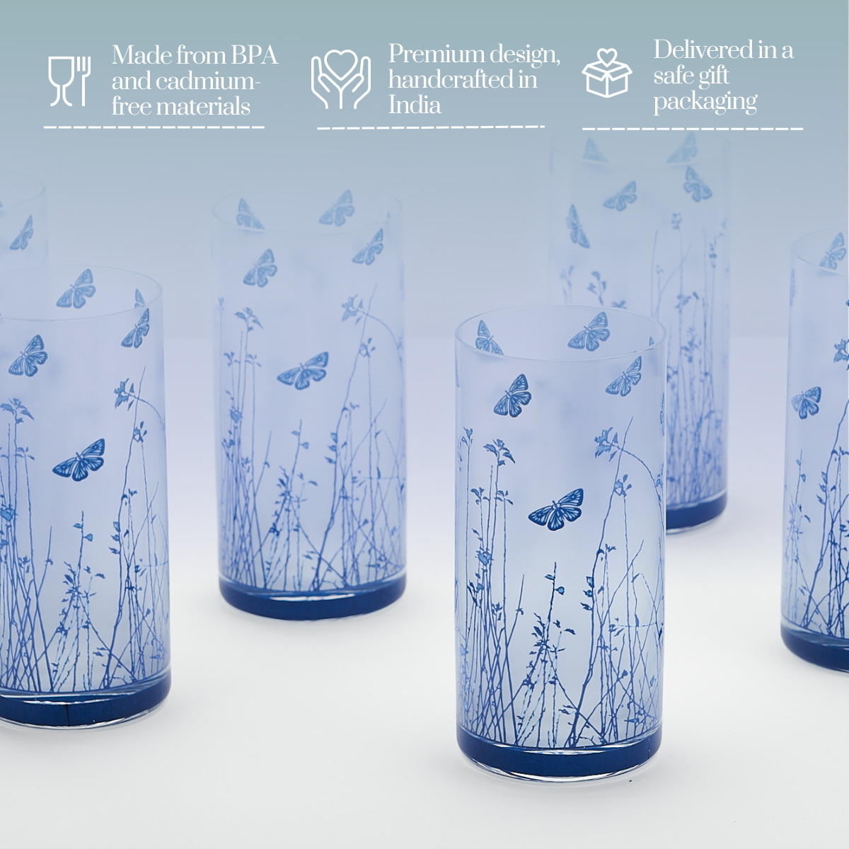 Blue Shrubs & Butterfly Glass Tumblers - Set of 6 (300ML)