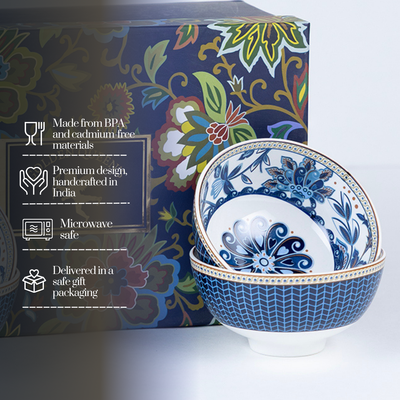 Blue Blossom Porcelain Bowls for Snacks - Set of 4 Pieces, 5 inch Wide