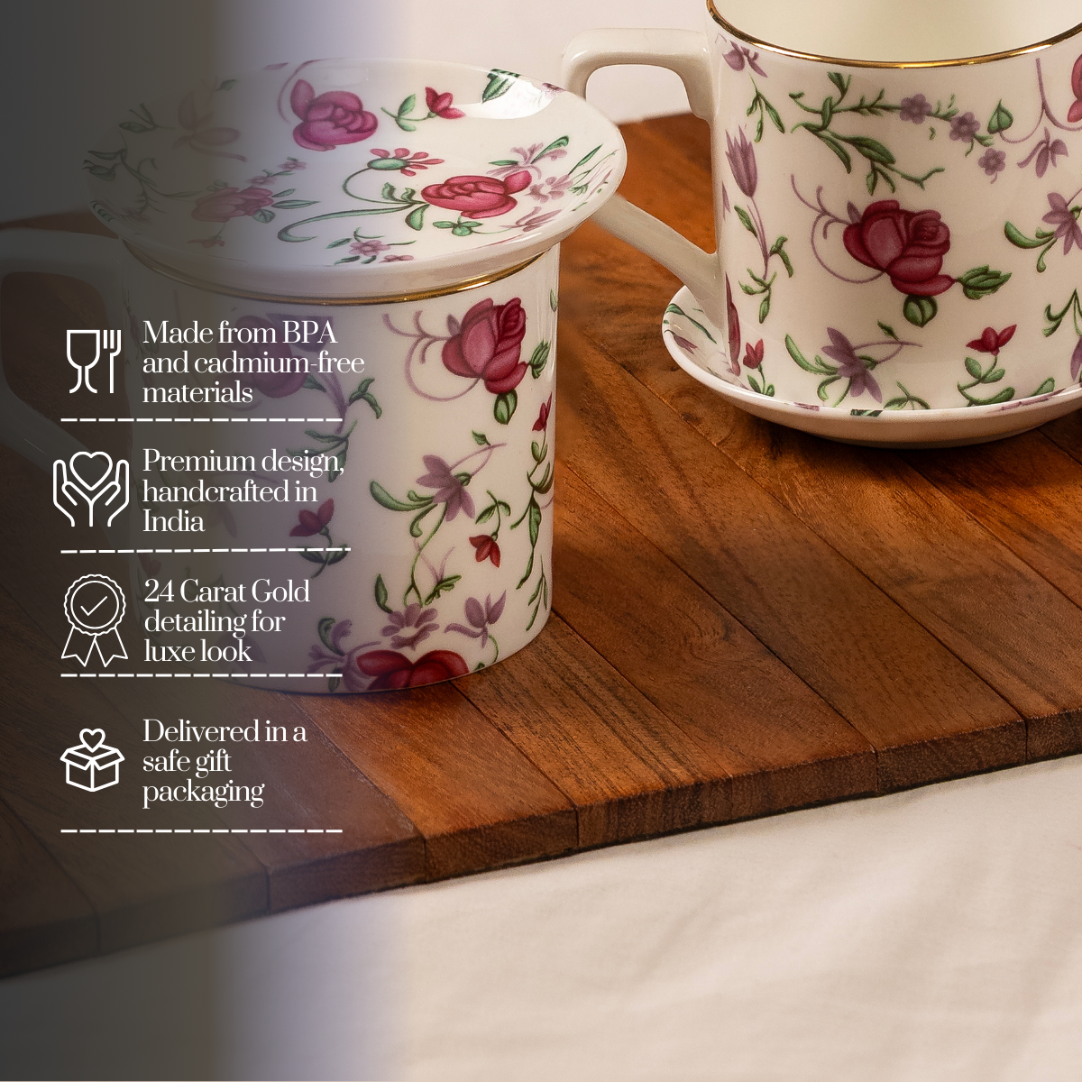 Button Rose Tea Cup & Coaster Set – 6 Cups + 6 Coasters, 200 ml, Premium Floral Ceramic Gift Set