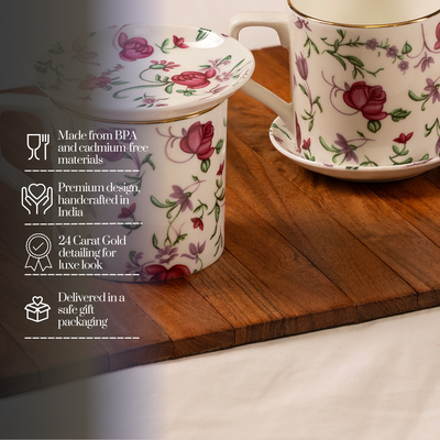 Button Rose Tea Cup & Coaster Set – 6 Cups + 6 Coasters, 200 ml, Premium Floral Ceramic Gift Set