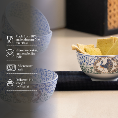 Indian Peafowl mini porcelain bowls for dessert - Set of 6 Pieces, 3.5 inch Wide