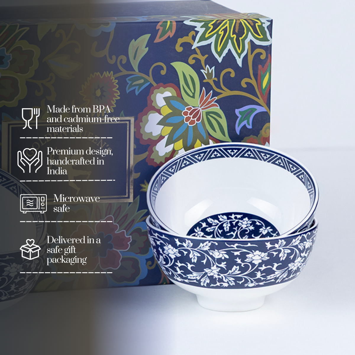 Indigo Floral Porcelain Bowls for Snacks - Set of 4 Pieces, 5 inch Wide