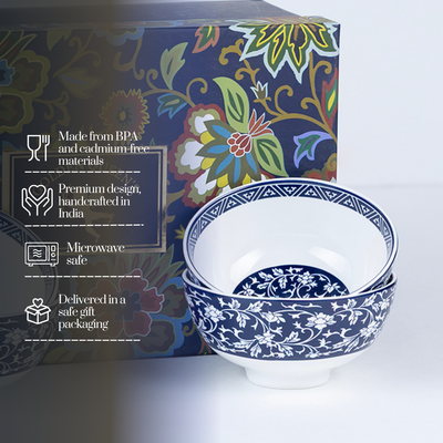 Indigo Floral Porcelain Bowls for Snacks - Set of 4 Pieces, 5 inch Wide