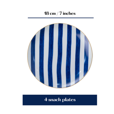 Blue Candy Stripe snack plates - Set of 4 (7 inch each)