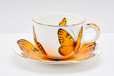 Golden Monarch Butterfly Cup & Saucer | 2 Cups & 2 Saucers | 180 ml