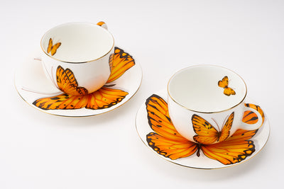 Golden Monarch Butterfly Cup & Saucer | 2 Cups & 2 Saucers | 180 ml
