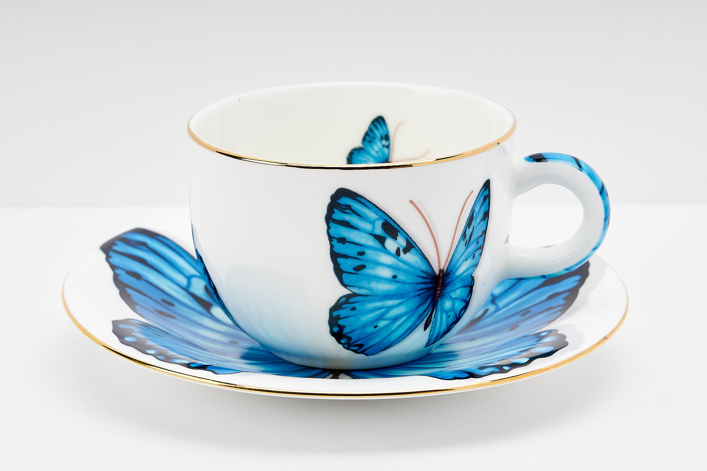 Blue Monarch Butterfly Cup & Saucer | 2 Cups & 2 Saucers | 180 ml