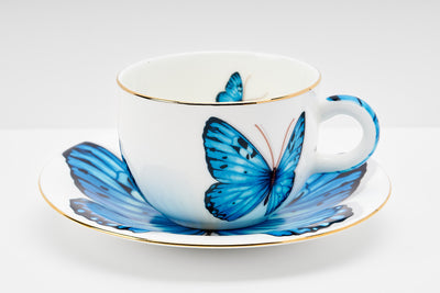 Blue Monarch Butterfly Cup & Saucer | 2 Cups & 2 Saucers | 180 ml