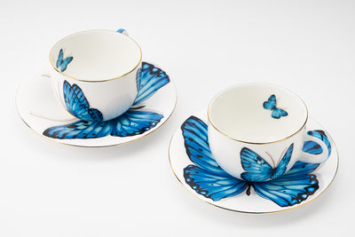 Blue Monarch Butterfly Cup & Saucer | 2 Cups & 2 Saucers | 180 ml