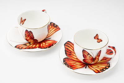 Orange Monarch Butterfly Cup & Saucer | 2 Cups & 2 Saucers | 180 ml
