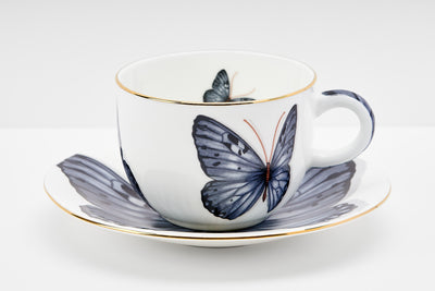 Grey Monarch Butterfly Cup & Saucer | 2 Cups & 2 Saucers | 180 ml