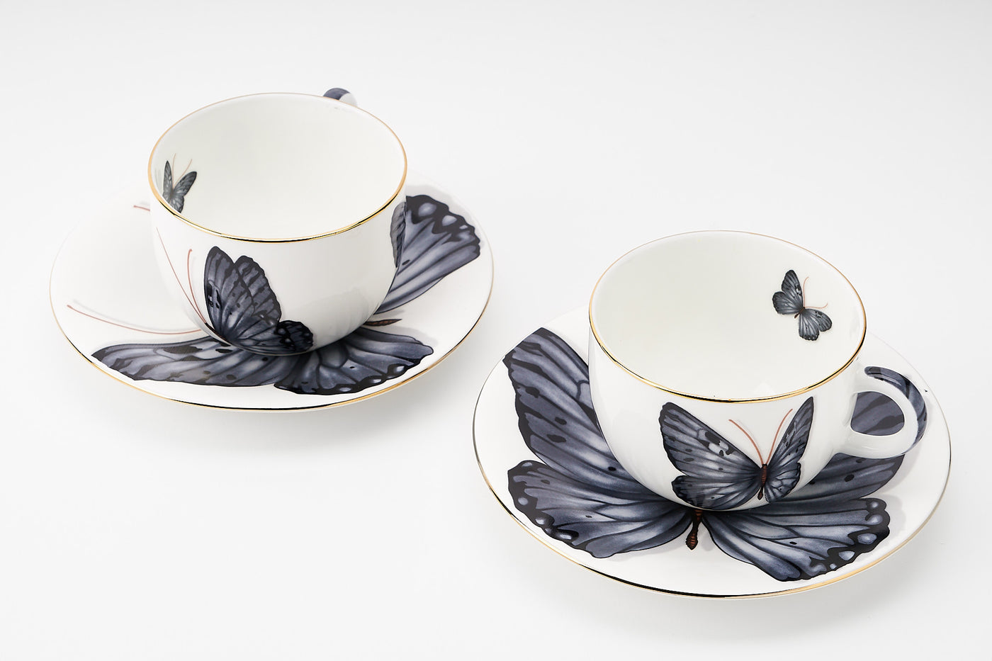 Grey Monarch Butterfly Cup & Saucer | 2 Cups & 2 Saucers | 180 ml