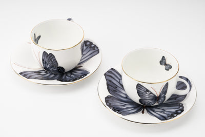 Grey Monarch Butterfly Cup & Saucer | 2 Cups & 2 Saucers | 180 ml