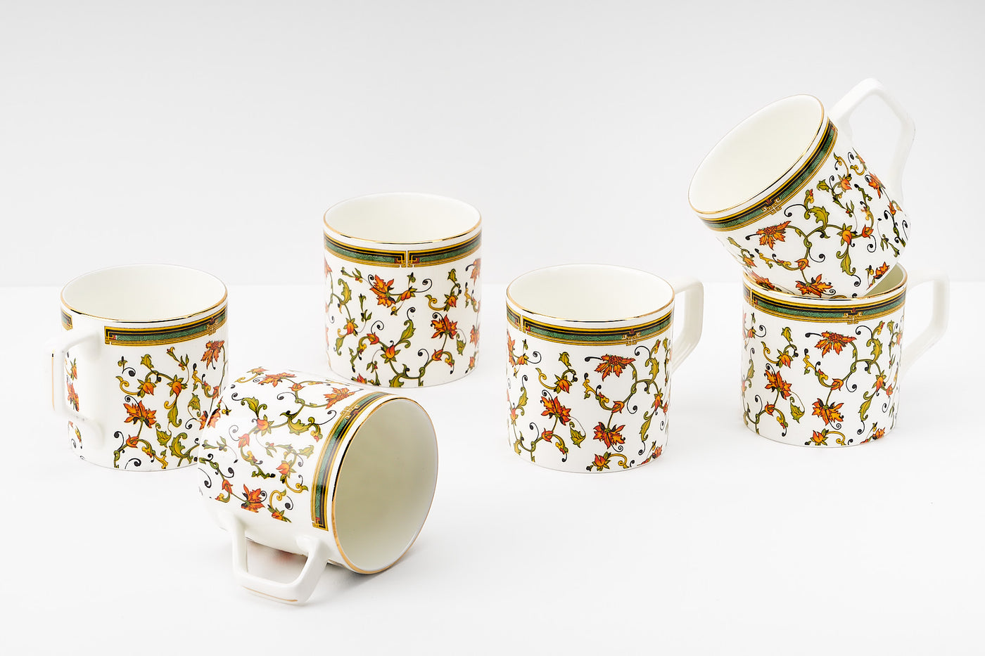 Chinar Bloom Tea Cups & Coaster Set - Set of 6 Cups & 6 Coasters, 200 ml