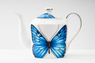 Blue Monarch Butterfly Tea Cups & Kettle - 6 Cups & 1 Kettle