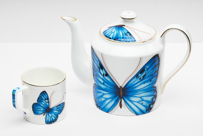 Blue Monarch Butterfly Tea Cups & Kettle - 6 Cups & 1 Kettle