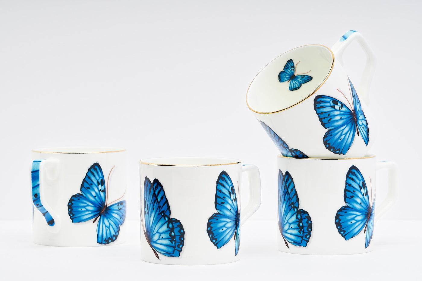 Blue Monarch Butterfly Tea Cups & Kettle - 6 Cups & 1 Kettle