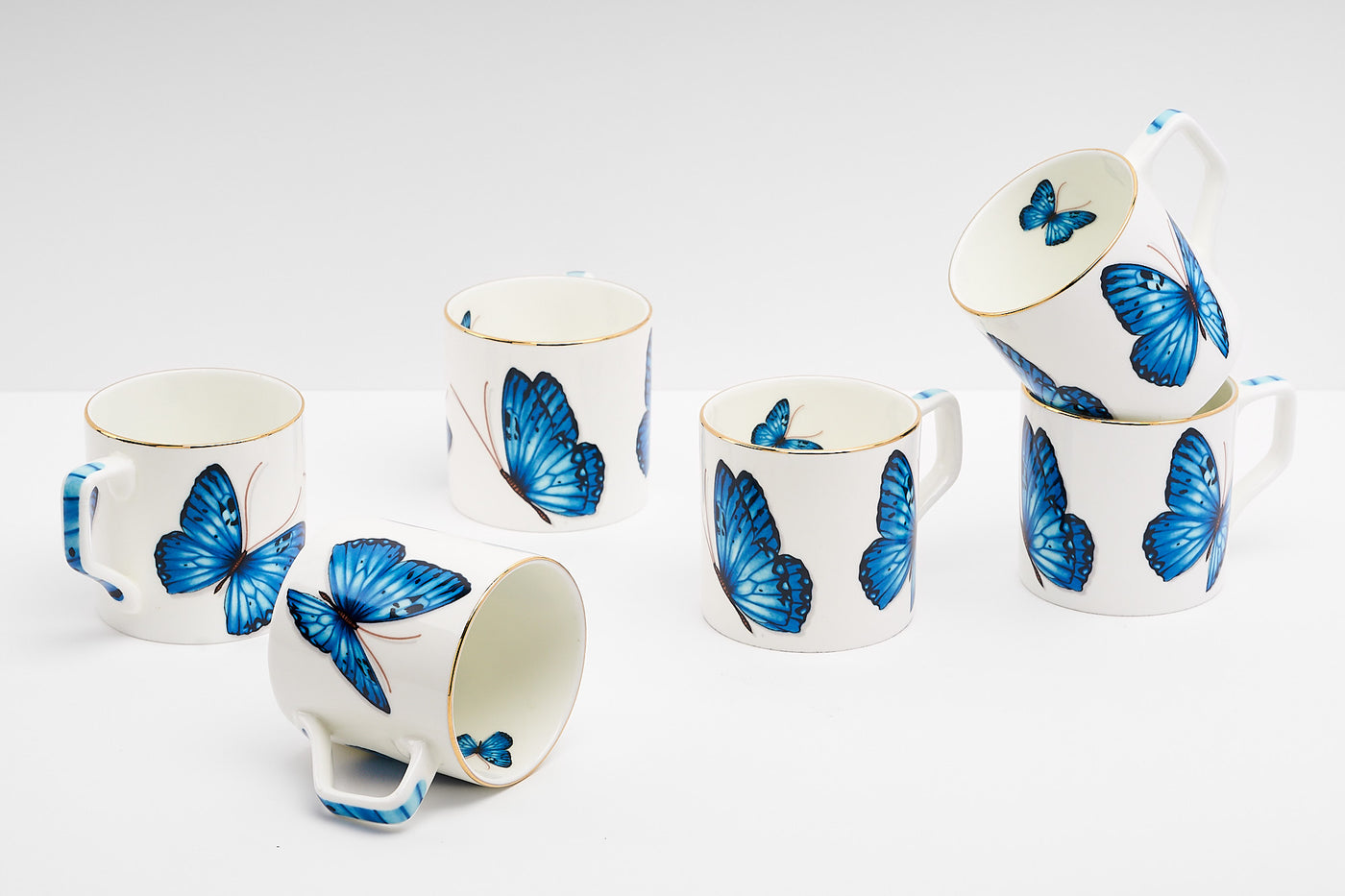 Blue Monarch Butterfly Tea Cups & Kettle - 6 Cups & 1 Kettle