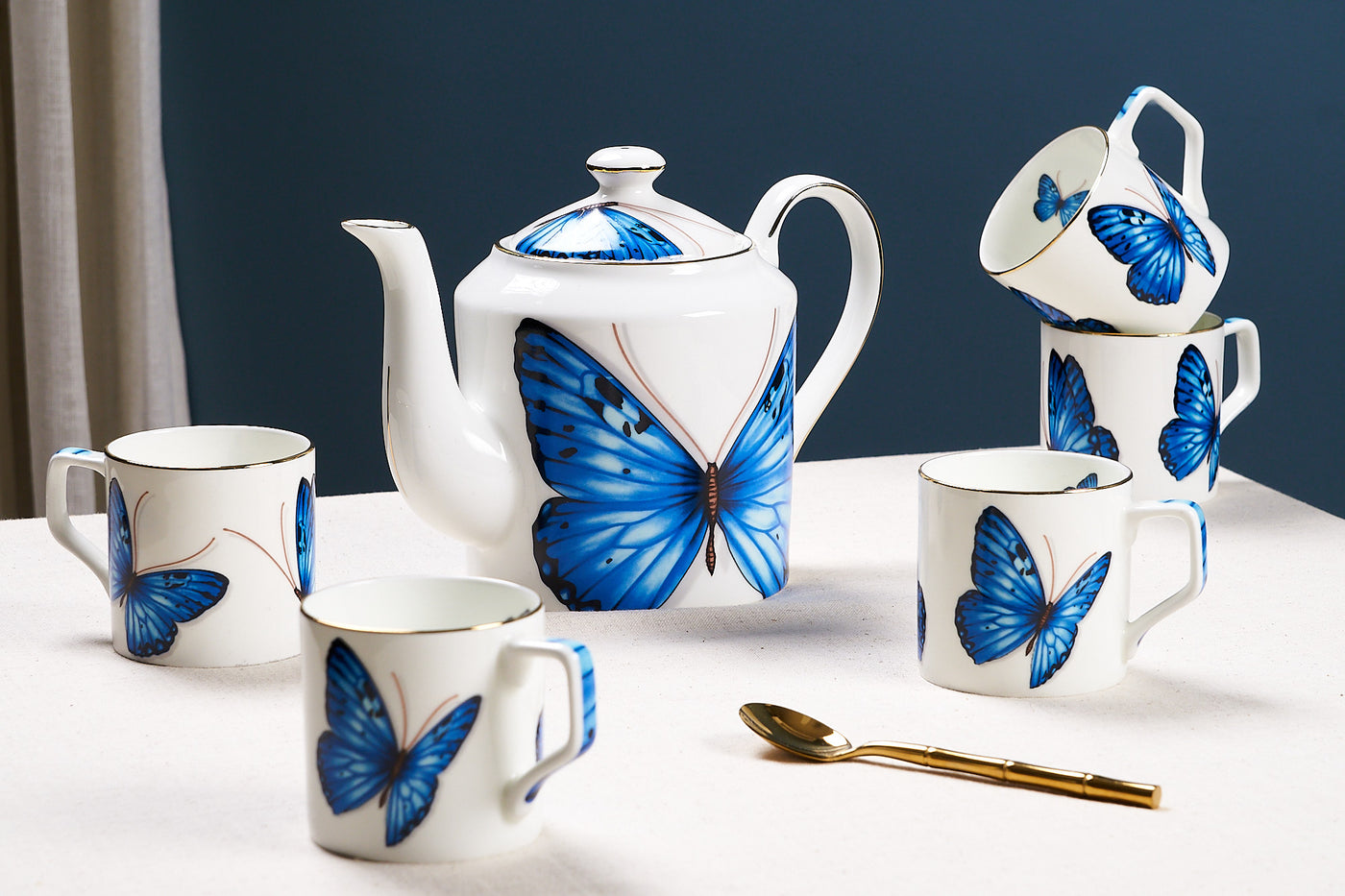 Blue Monarch Butterfly Tea Cups & Kettle - 6 Cups & 1 Kettle