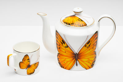 Yellow Monarch Butterfly Tea Cups & Kettle - 6 Cups & 1 Kettle