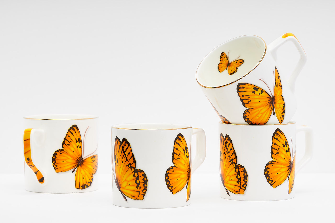 Yellow Monarch Butterfly Tea Cups & Kettle - 6 Cups & 1 Kettle