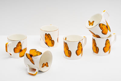 Yellow Monarch Butterfly Tea Cups & Kettle - 6 Cups & 1 Kettle