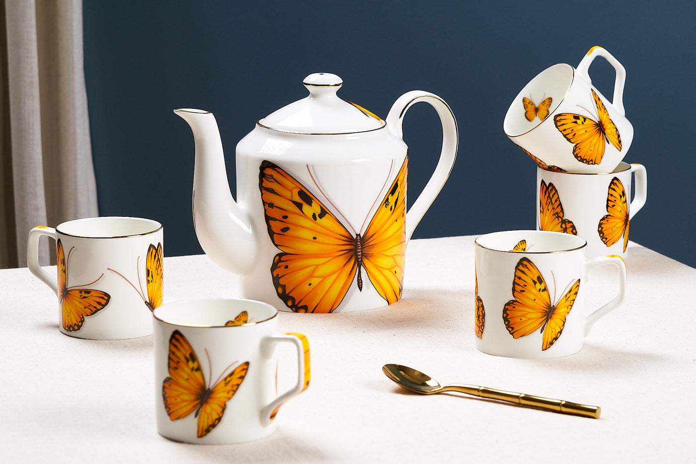 Yellow Monarch Butterfly Tea Cups & Kettle - 6 Cups & 1 Kettle