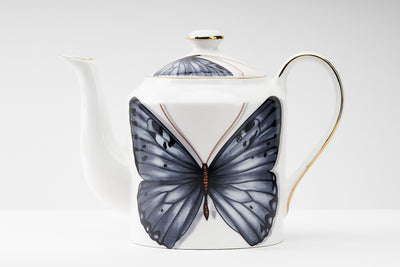 Grey Butterfly Tea Cups & Kettle - 6 Cups & 1 Kettle