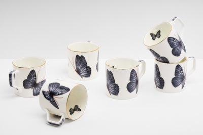 Grey Butterfly Tea Cups & Kettle - 6 Cups & 1 Kettle