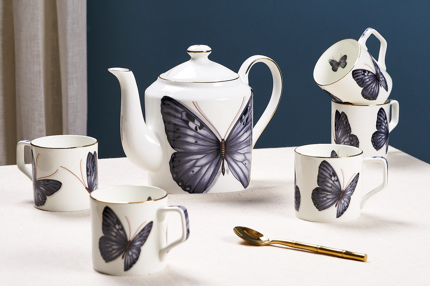 Grey Butterfly Tea Cups & Kettle - 6 Cups & 1 Kettle