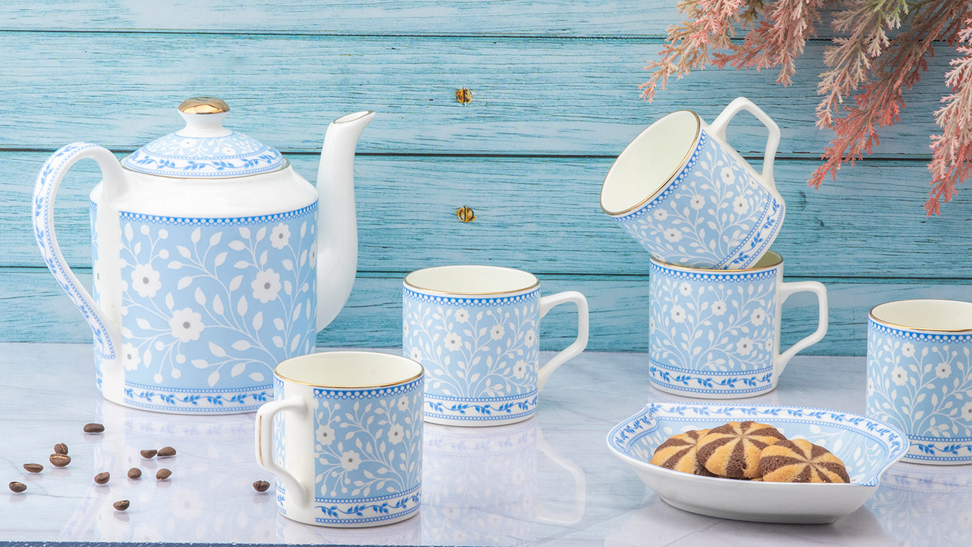 Blue Floral Tea Set & Nut Tray