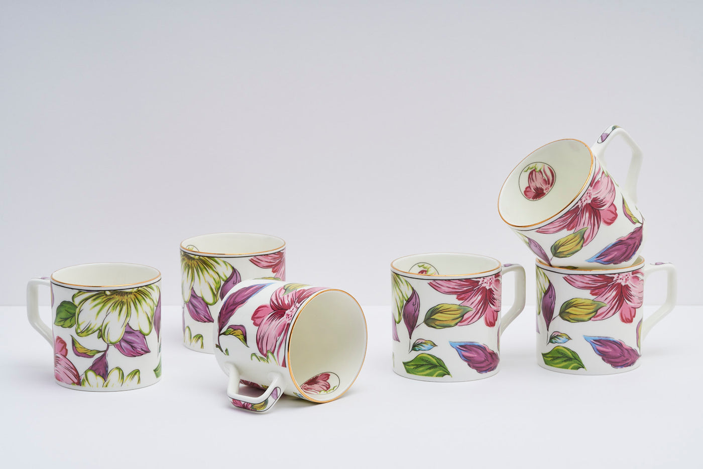 Pink & Green Blossom Tea Cups – Set of 6