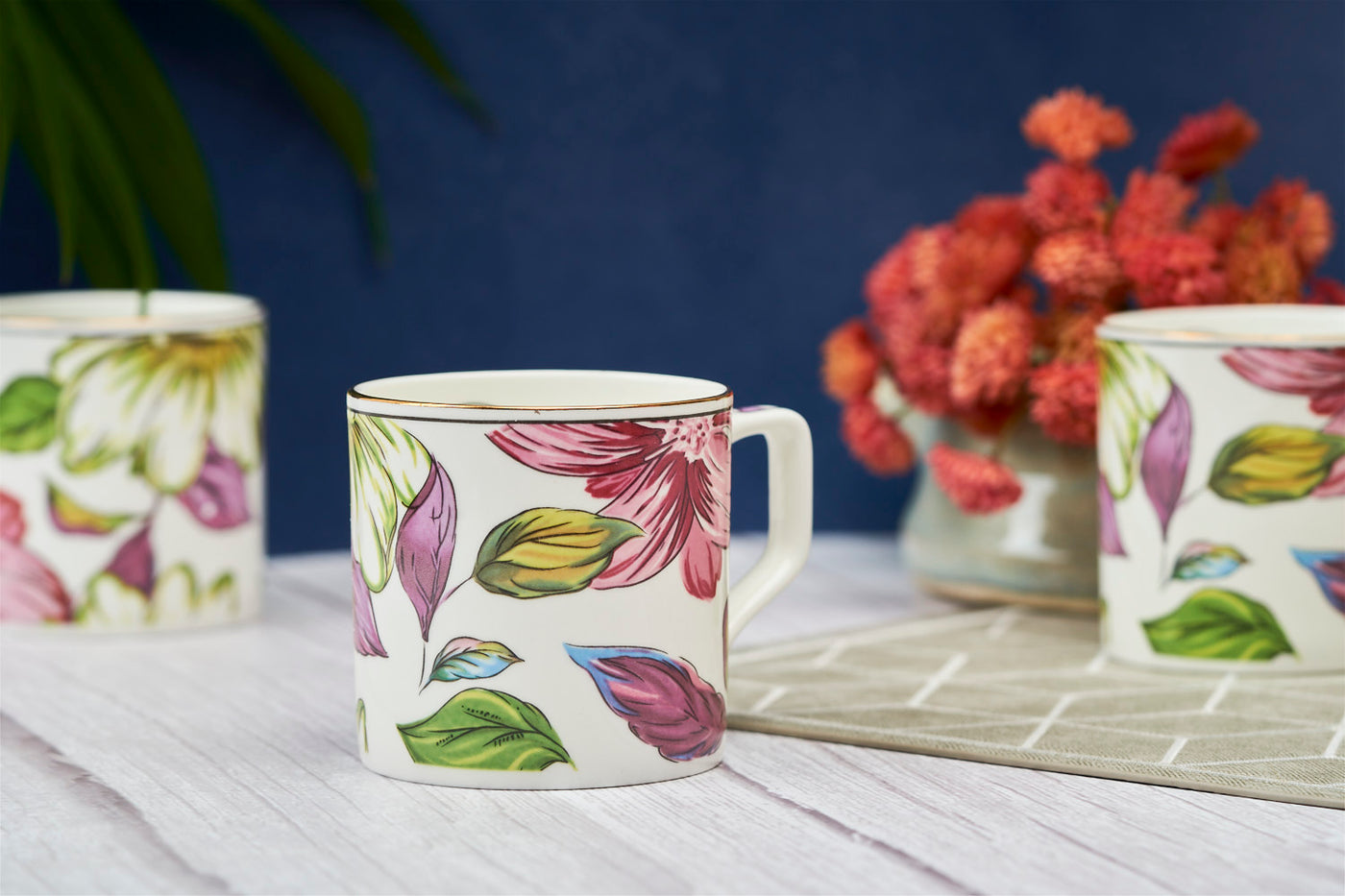 Pink & Green Blossom Tea Cups – Set of 6