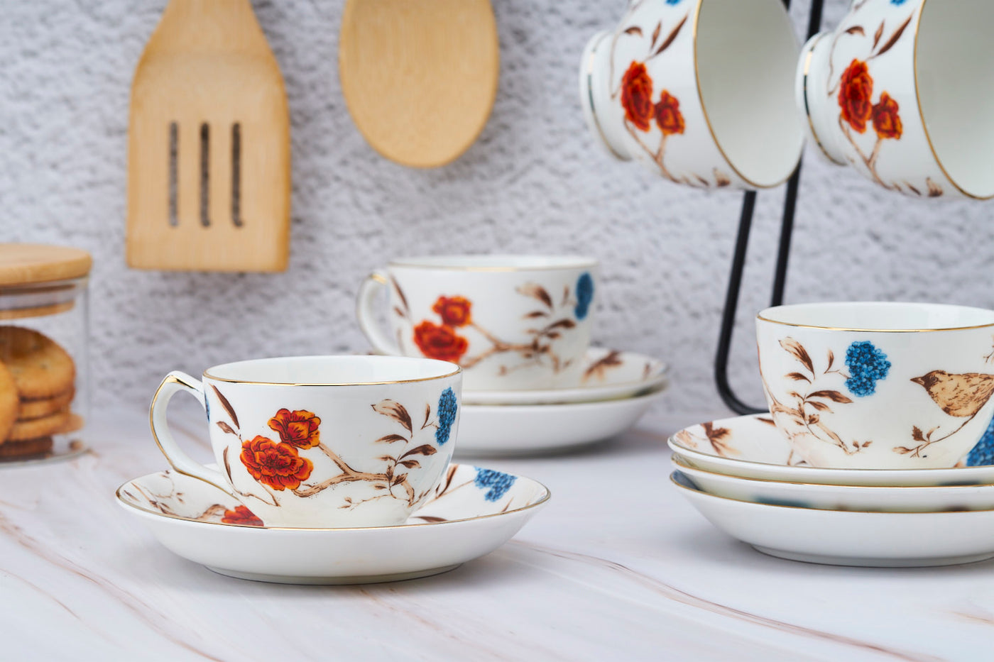 Blooming Birdsong  Cups & Saucer Set | 6 Cups & 6 Saucers| 170 ml