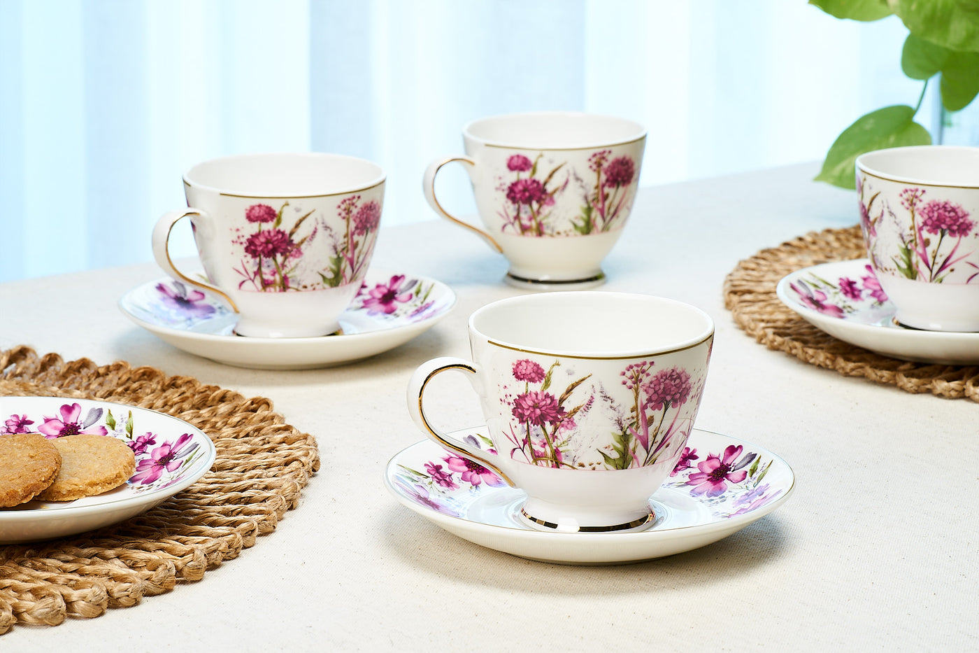 Wild Bush & Pink Florals Cup & Saucer Set | 6 Cups & 6 Saucers
