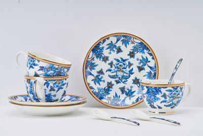 Blue Orchid Floral Cup & Saucer Set | 6 Cups, 6 Saucers & 6 Spoons