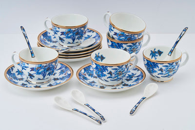 Blue Orchid Floral Cup & Saucer Set | 6 Cups, 6 Saucers & 6 Spoons