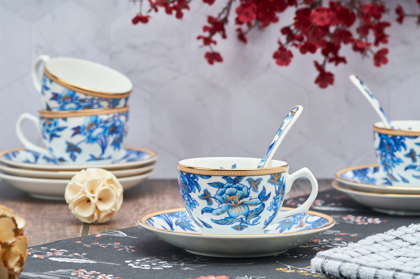 Blue Orchid Floral Cup & Saucer Set | 6 Cups, 6 Saucers & 6 Spoons
