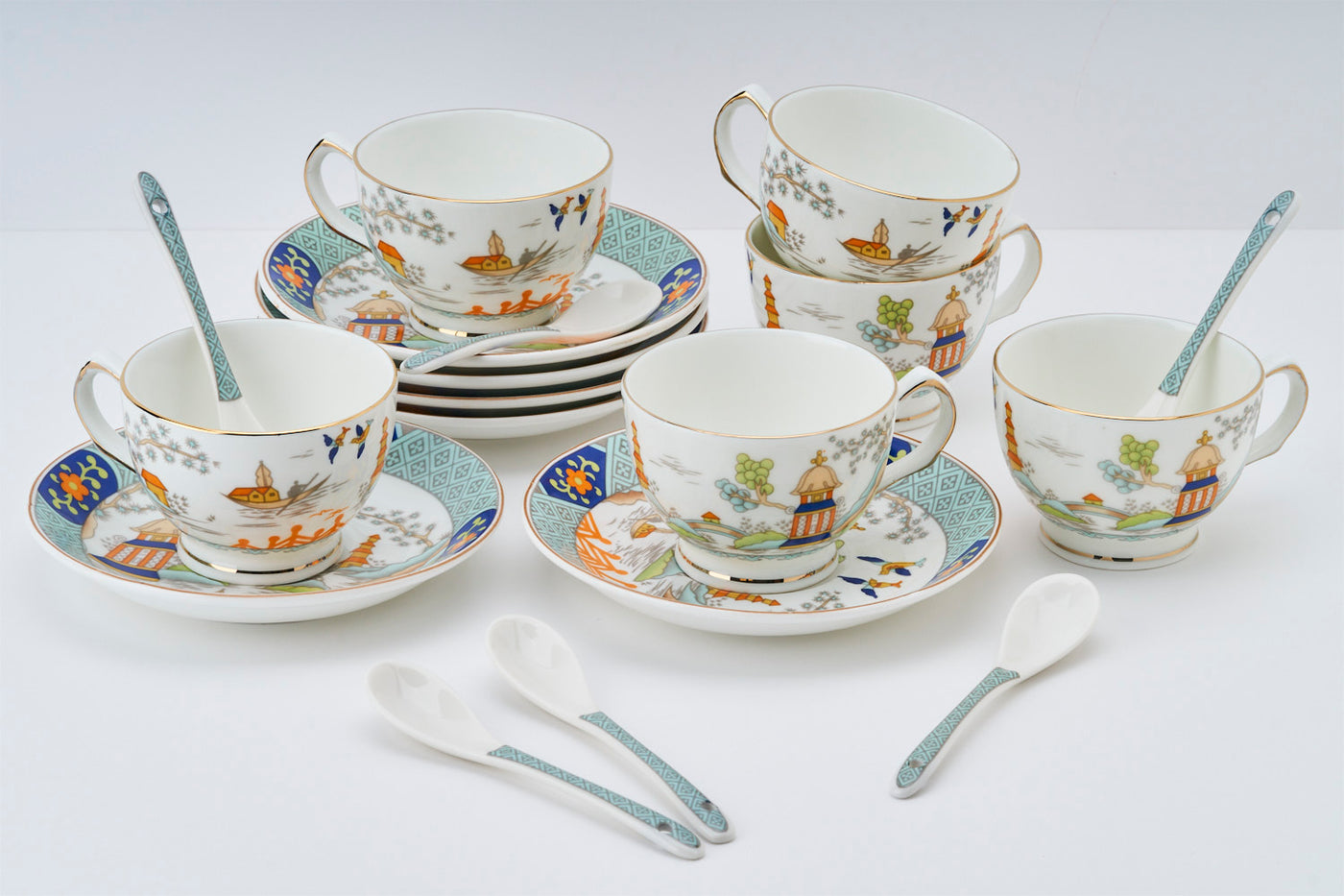 Oriental Pagoda Cups & Saucer Set | 6 Cups, 6 Saucers & 6 Spoons | 170 ml