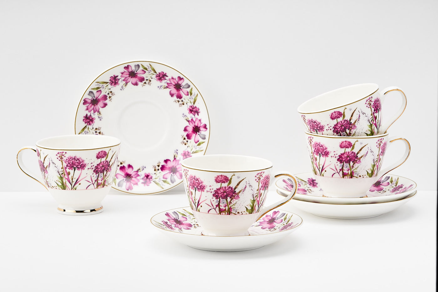 Wild Bush & Pink Florals Cup & Saucer Set | 6 Cups & 6 Saucers