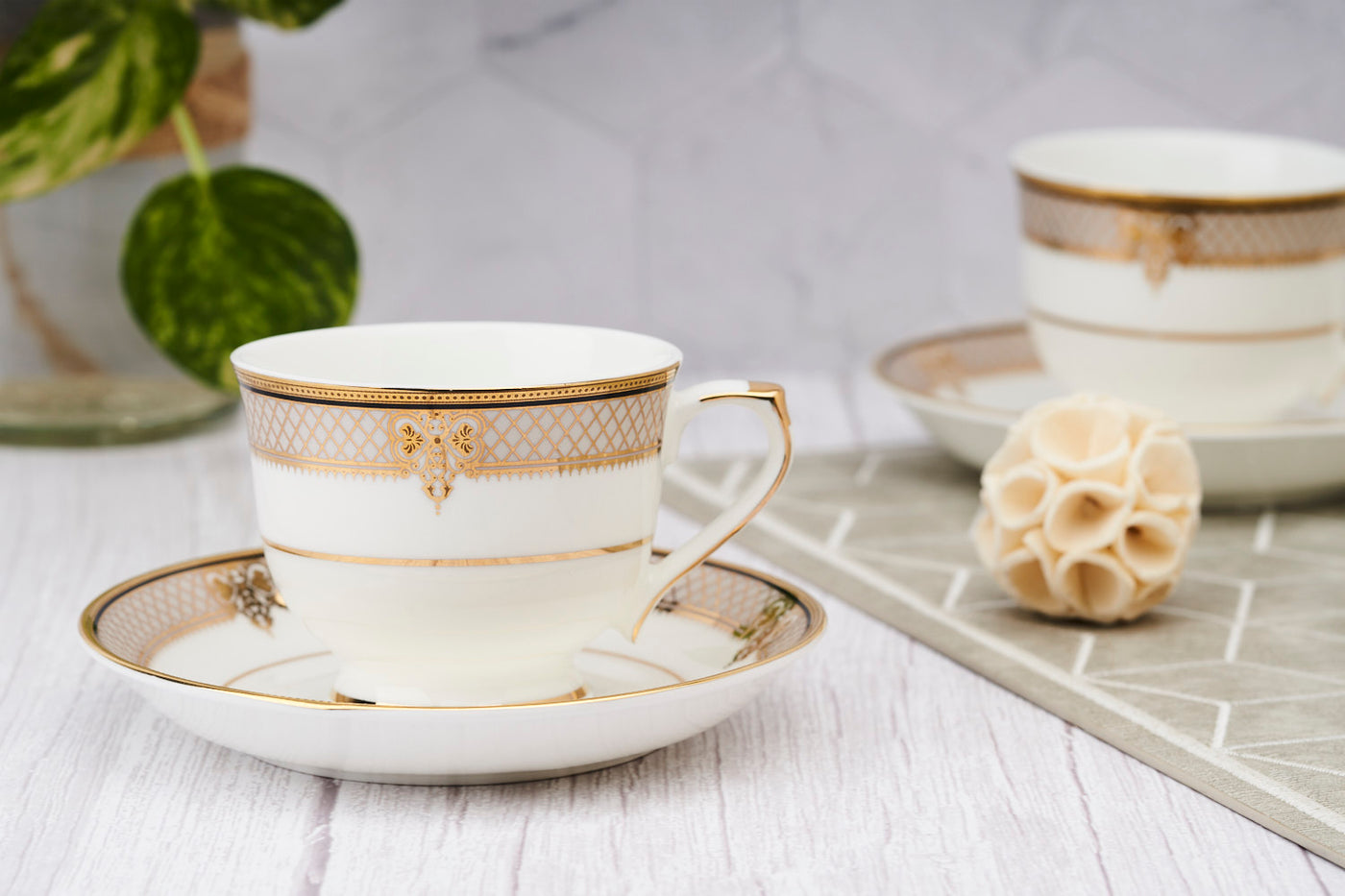 Golden Filigree Cup & Saucer Set | 6 Cups & 6 Saucers | 170 ml