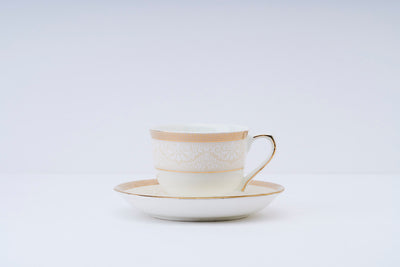 Embossed White & Gold Cup & Saucer Set | 6 Cups & 6 Saucers | 170 ml