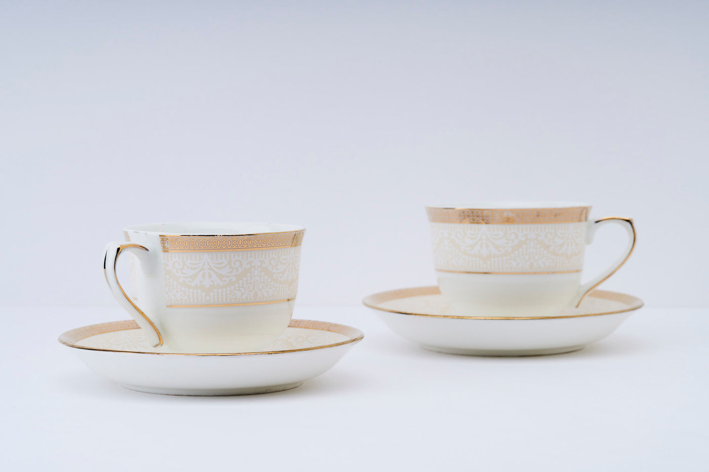 Embossed White & Gold Cup & Saucer Set | 6 Cups & 6 Saucers | 170 ml