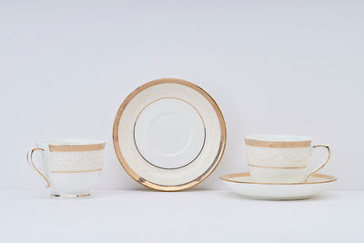 Embossed White & Gold Cup & Saucer Set | 6 Cups & 6 Saucers | 170 ml