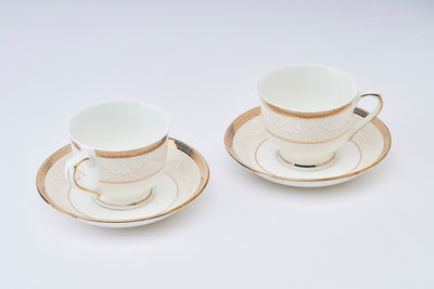 Embossed White & Gold Cup & Saucer Set | 6 Cups & 6 Saucers | 170 ml