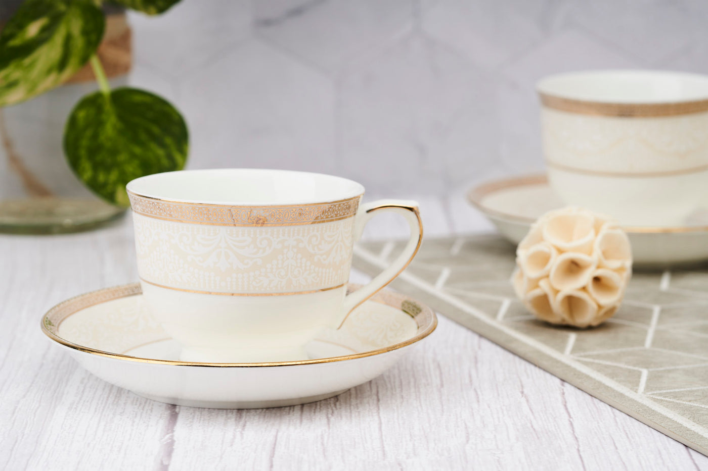 Embossed White & Gold Cup & Saucer Set | 6 Cups & 6 Saucers | 170 ml