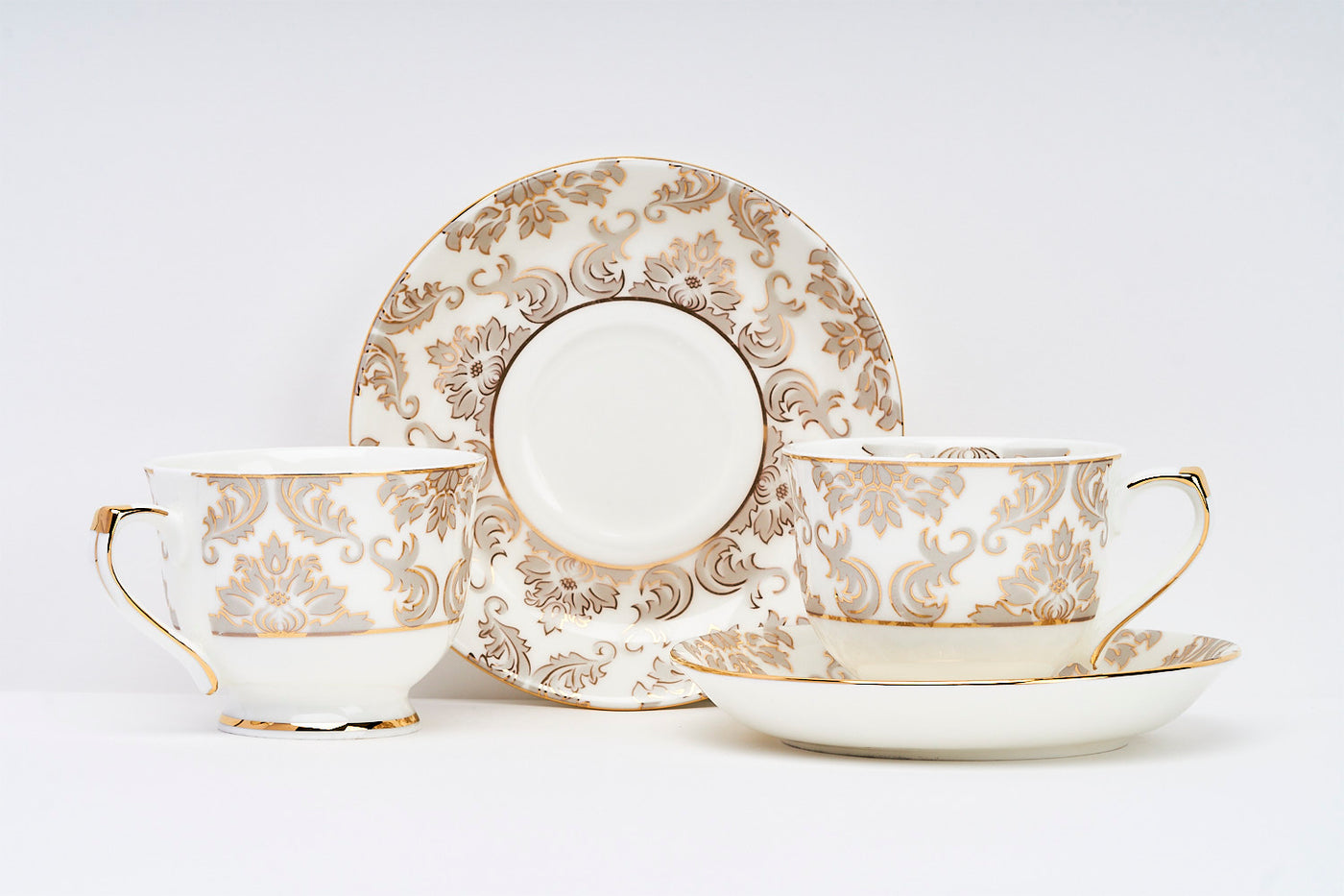 Platinum & Gold Bloom Cup & Saucer Set | 6 Cups & 6 Saucers